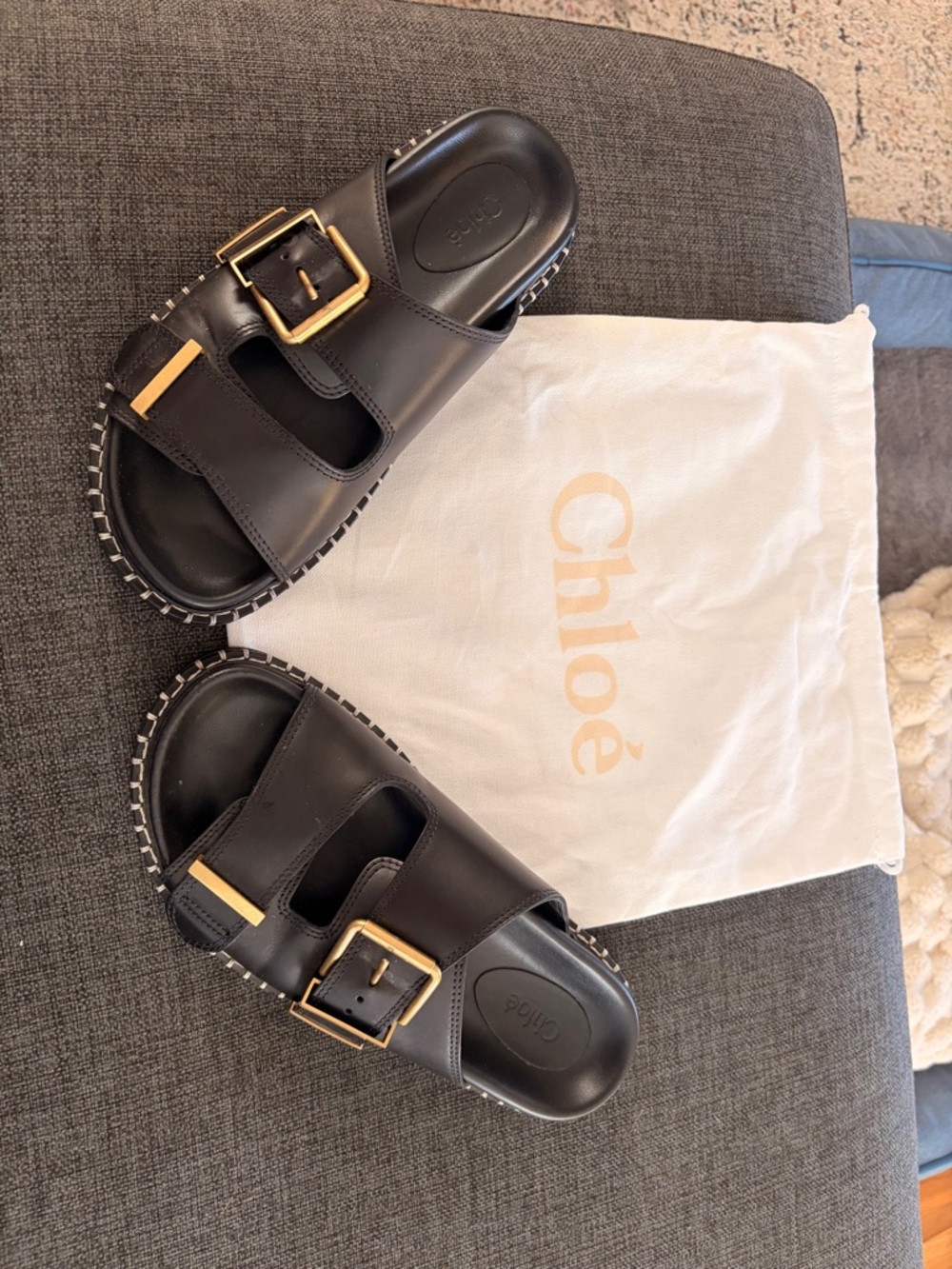 Chloé Rebecca Black Leather Buckle Sandals with Gold Hardware Size 8